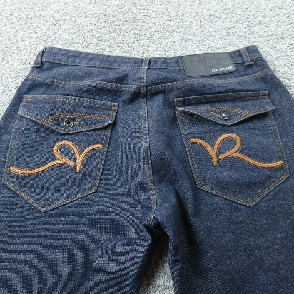 Rocawear Jeans Mens 36X34 Dark Blue Denim Pants Baggy Straight Embroidered Y2K